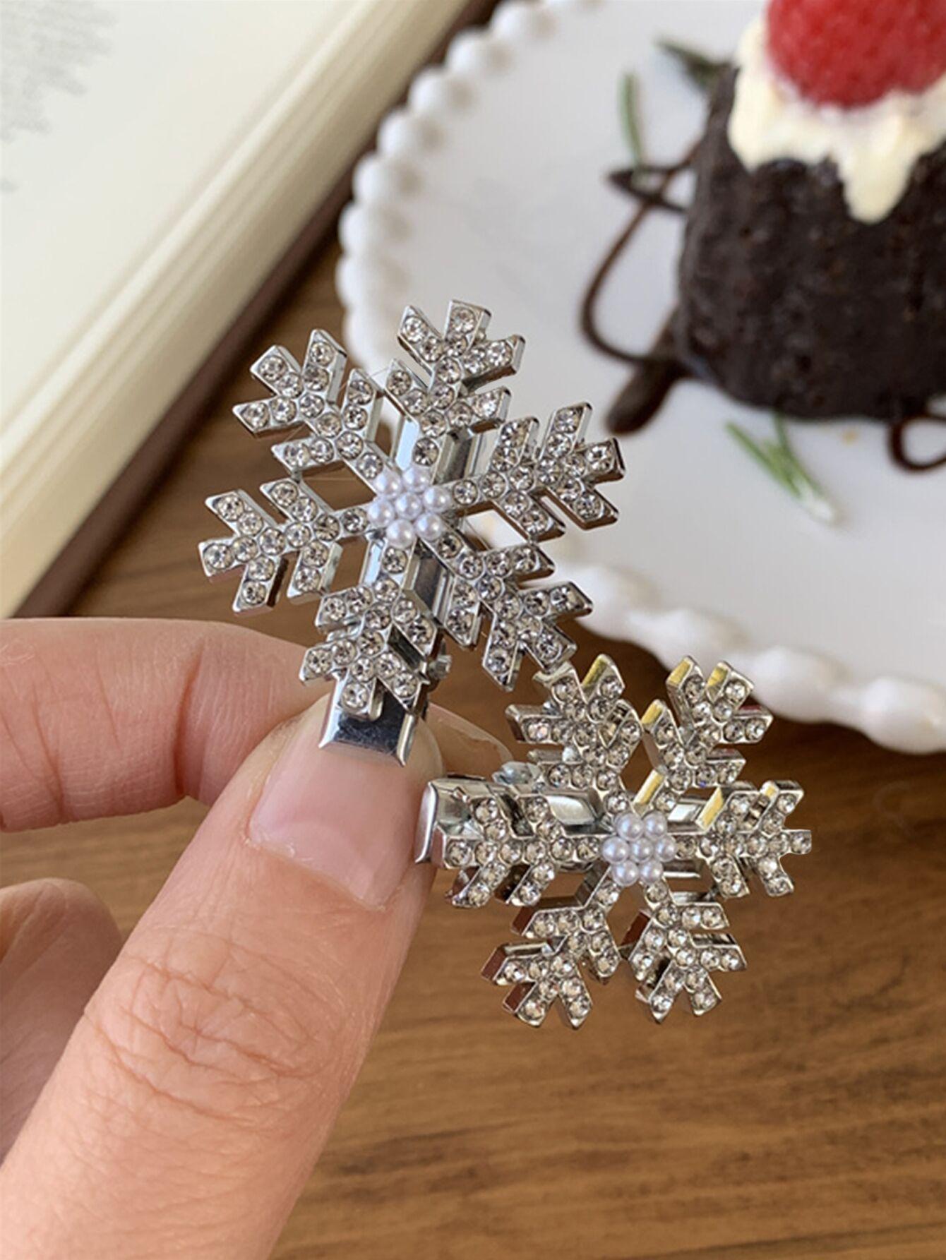 Cyrstal Snowflake Pearl Hair Clip Winter Girls Small Sweet Bobby Pins Women Fashion Retro Flower Hairside Headwear Accessories Hair Jewelry - الصورة 9