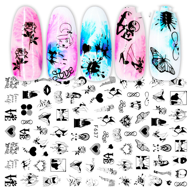 Cross-Border Nail Stickers New Japanese European And American 3D Hot Stamping Full Stickers Black And White Rose Heart-Shaped Ink Nail Decals - الصورة 3