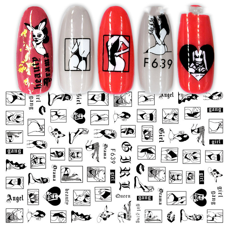 Cross-Border Nail Stickers New Japanese European And American 3D Hot Stamping Full Stickers Black And White Rose Heart-Shaped Ink Nail Decals - الصورة 10