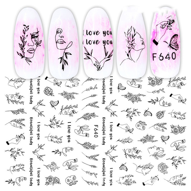 Cross-Border Nail Stickers New Japanese European And American 3D Hot Stamping Full Stickers Black And White Rose Heart-Shaped Ink Nail Decals - الصورة 4