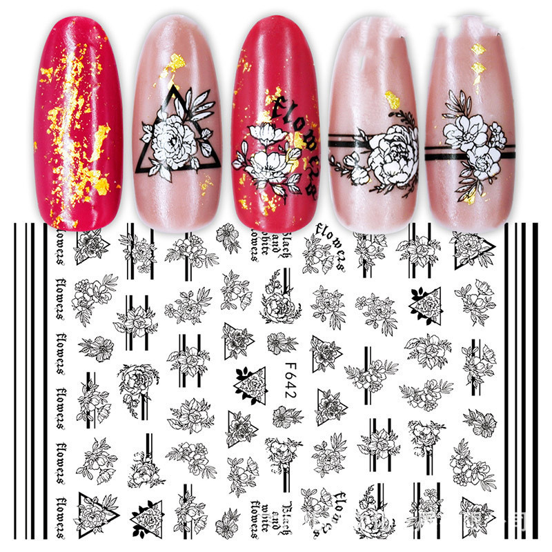 Cross-Border Nail Stickers New Japanese European And American 3D Hot Stamping Full Stickers Black And White Rose Heart-Shaped Ink Nail Decals - الصورة 6