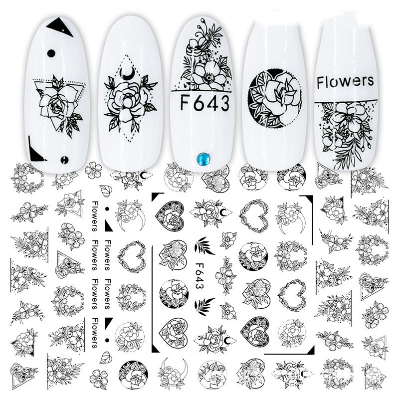 Cross-Border Nail Stickers New Japanese European And American 3D Hot Stamping Full Stickers Black And White Rose Heart-Shaped Ink Nail Decals - الصورة 7